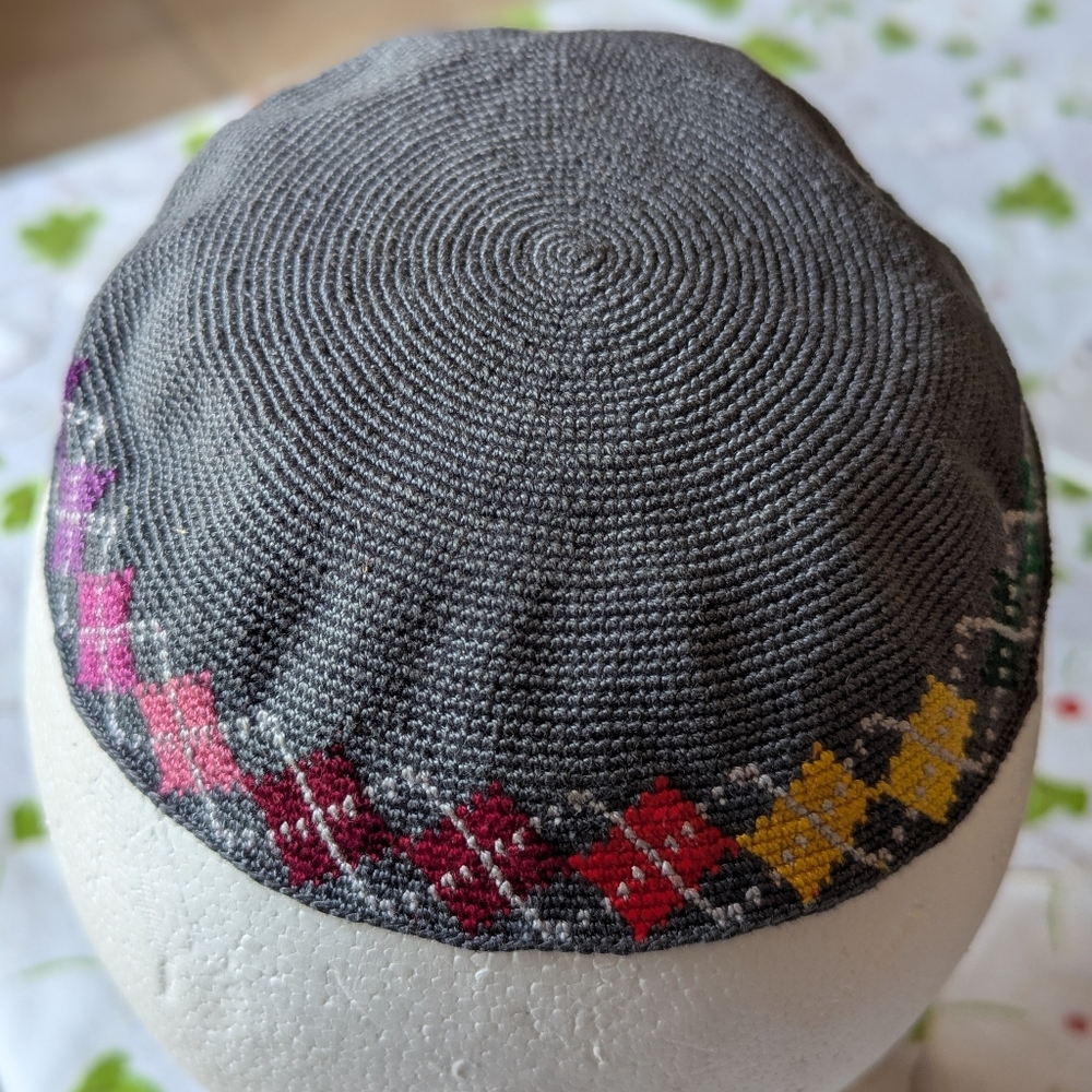 Stylish Grey and Multicolor Argyle  Knitted Kippah. Jewish. Made In Israel.